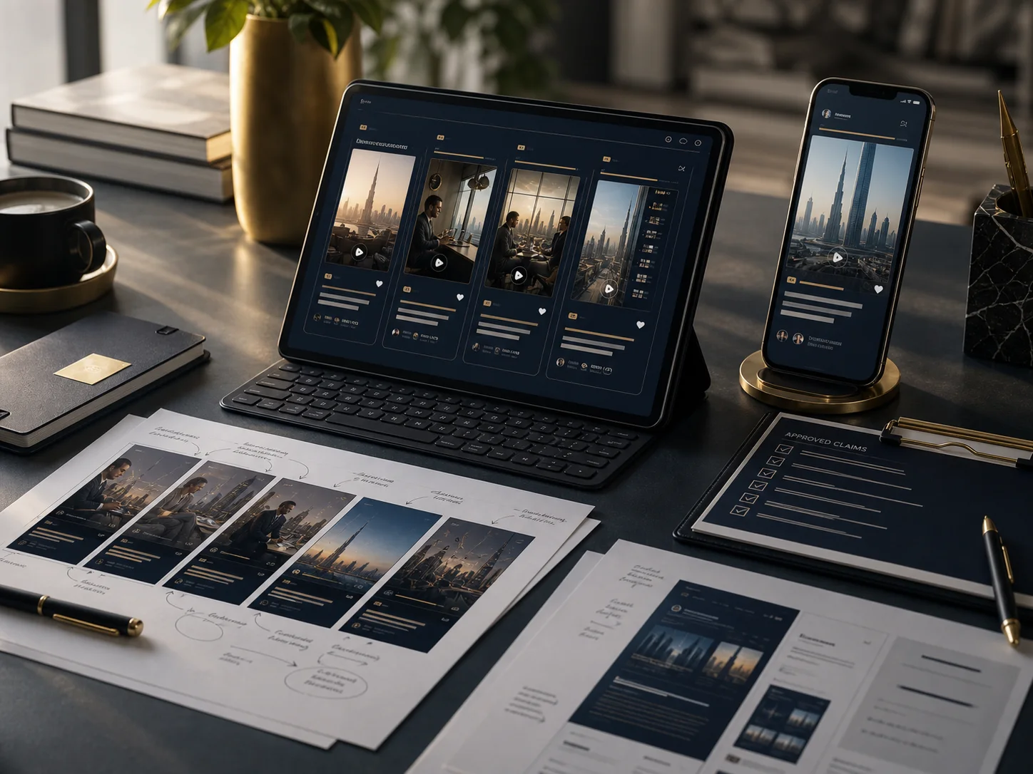 Revisión de campañas creativas con piezas verticales, tablet y storyboards.